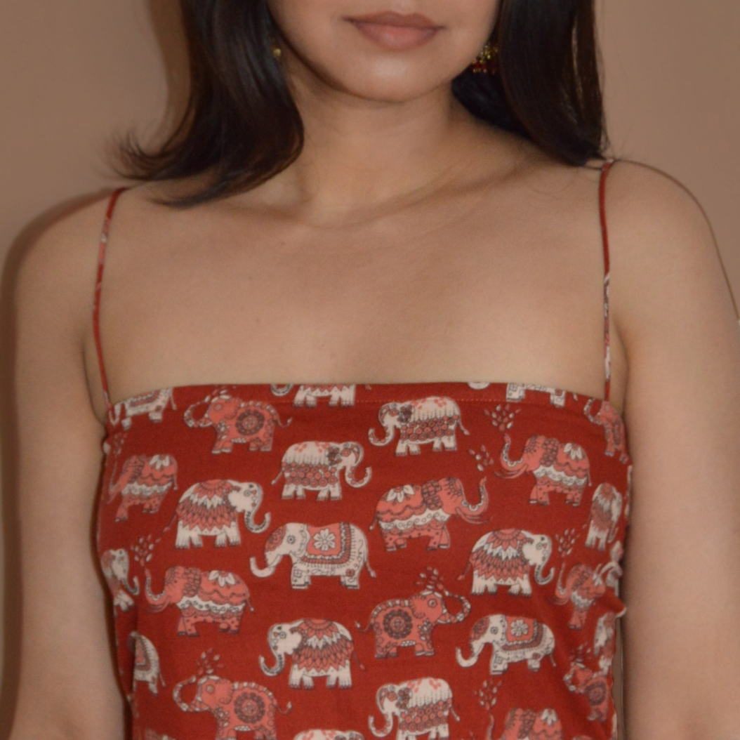 BLOCK PRINT NOODLE STRAP BACKLESS KURTI (RED)