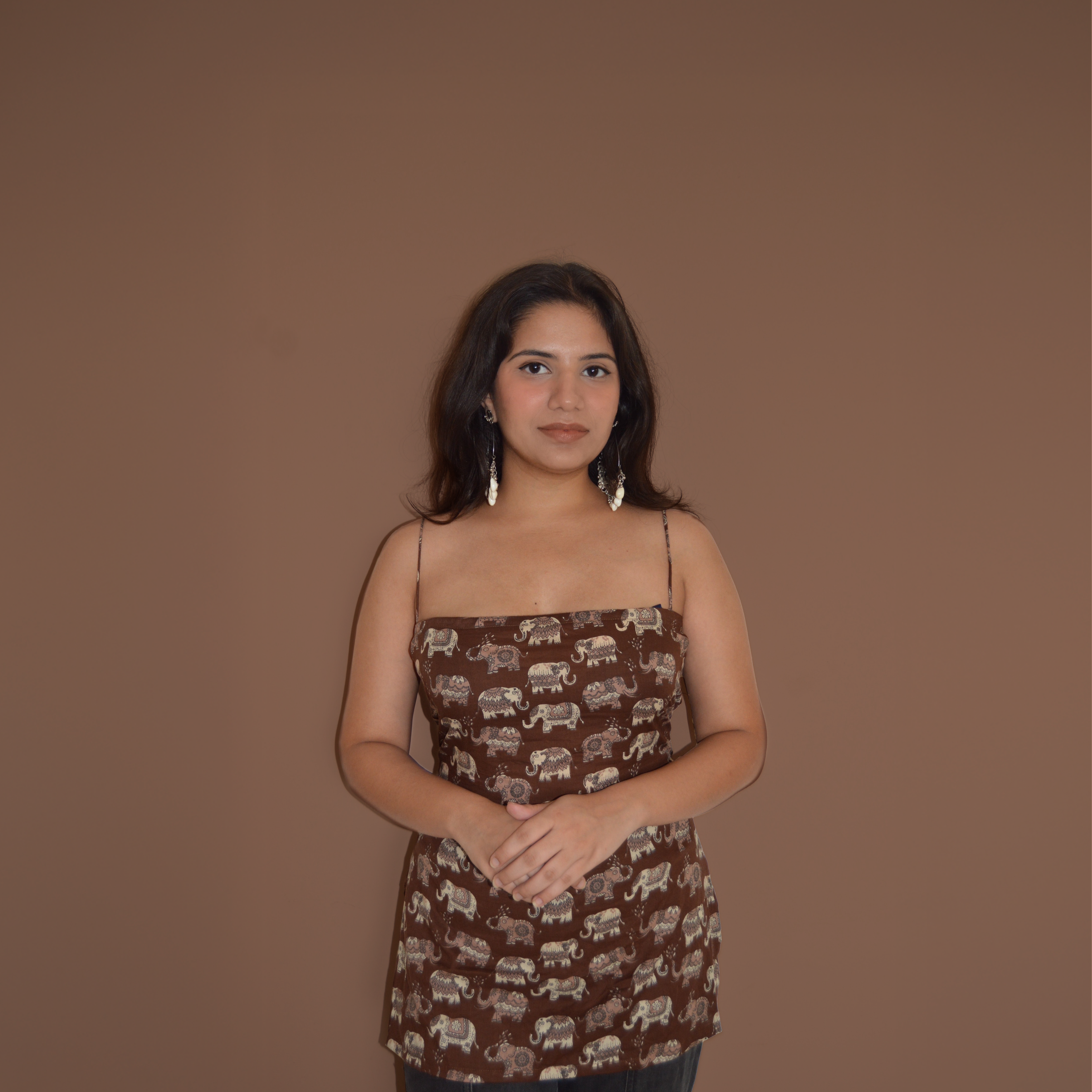 BLOCK PRINT NOODLE STRAP BACKLESS KURTI (BROWN)