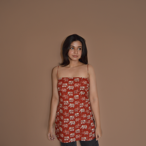 BLOCK PRINT NOODLE STRAP BACKLESS KURTI (RED)