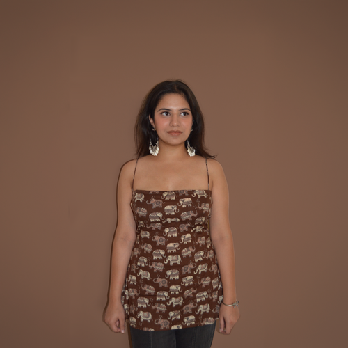 BLOCK PRINT NOODLE STRAP BACKLESS KURTI (BROWN)
